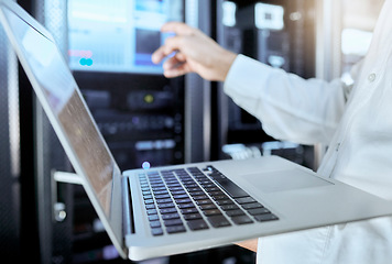 Image showing Server room, network and laptop with businessman in data center for engineering, technology and cloud computing. Cybersecurity, internet and mining with hands of employee for hardware maintenance