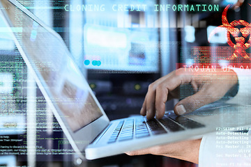 Image showing Hacker, laptop and hands with credit card information typing data with digital cybersecurity overlay for information technology. Hacking, cyberpunk and futuristic software expert phishing and malware