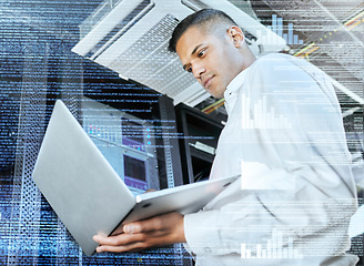 Image showing Futuristic, overlay and businessman with a laptop in a server room for ux, fintech and information technology. Coding, technology abstract and programmer working on data analytics and cyber security