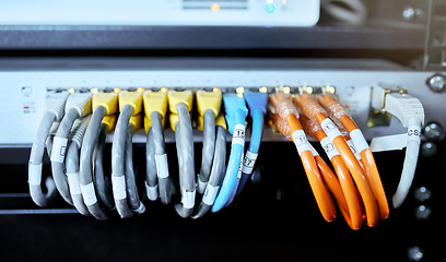 Image showing Server room, computer and cable for internet connection, cloud computing and cyber security. Hardware, wire and cord on equipment in a data center for IT and cyber data wiring for internet.