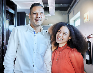 Image showing Coding team, computer networking server and tech support workers smile together in digital technology security company. Cyber security, data IT staff and cloud computing code programming storage room