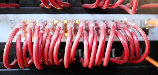 Image showing Technology, server room and cables connected to ethernet port or router for network, internet or fiber in data center for connection management. Electrical red optic cable for computer it background