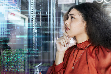 Image showing Black woman, web technology and code on hologram in ux design and cybersecurity glitch or crypto software. Digital coding error and blockchain 404 cloud computing and iot data developer