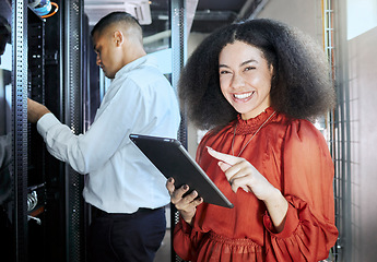 Image showing Tablet, tech and team working in a server room to repair a technical networking box in the office. Technology, collaboration and portrait of engineers repairing cloud computing database in workplace.