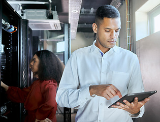 Image showing Management, server room and tablet with business people in data center for cloud computing, cybersecurity and hardware network. Technology, internet and it with maintenance employee for innovation