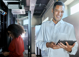 Image showing Server room, employees and man with tablet working on internet or web connection. Portrait, smile and maintenance technician with coworker programming or software upgrade of computer in data center.