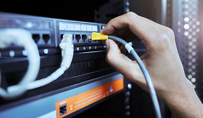 Image showing Hands, network engineer and server cable in server room for data, internet or web connection. Cyber security, system administrator and maintenance of computer wire to prevent error, glitch or issues