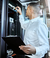 Image showing Information technology, server and man engineer with clipboard working, fixing and checking motherboard. Programming, cyber network and IT technician with wires in data center for 404 glitch or error