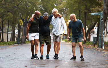 Image showing Mature, friends and fitness pain with men helping friend after injury while training in nature for wellness and health. Exercise, workout and man with leg injury being helped by group working out