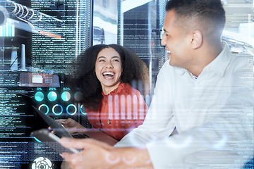 Image showing Server, team and tech for hologram repair with a man and woman in a networking server room. Cloud, programmer and cloud computing of engineers using tablet and laptop to fix developer database