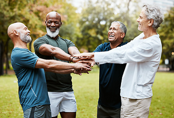 Image showing Fitness, exercise and senior men with hands together for motivation, energy and to celebrate achievement and freedom during retirement in nature park. Happy group of friends for workout outdoor