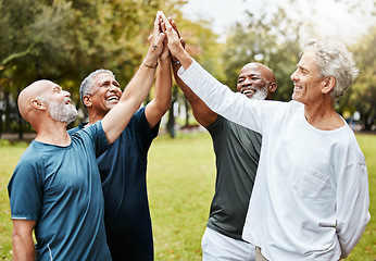 Image showing High five, fitness and senior men friends in park for teamwork, exercise target and workout mission together with community support. Elderly group of people with outdoor wellness success hands sign