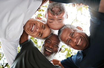 Image showing Senior men, friends and community together in a circle for support, trust and diversity with a smile, happiness and collaboration. Portrait, face and hug of healthy, happy and fitness group outdoor