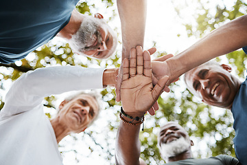 Image showing Support, team building and men hands stacked in nature for travel, hiking and adventure during retirement. Community, teamwork and senior friends on a mission during an elderly holiday in Puerto Rico