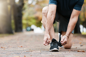 Image showing Shoes, fitness and runner with a sports man tying his laces before a run in the park for exercise. Running, training and workout with a male athlete fastening his shoelaces during cardio or endurance