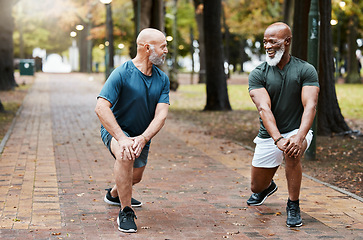 Image showing Elderly men, training and stretching for morning workout in the park or forest. Senior, lunges exercise and motivation for wellness, fitness and healthcare strong legs cardio or running outdoors