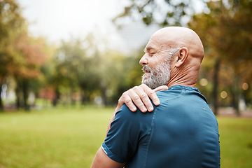 Image showing Senior man, shoulder pain and fitness injury in wellness exercise, training and health workout in nature park or countryside . Ache, inflammation and body tension for cardio training and runner
