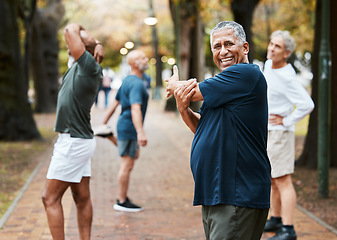 Image showing Fitness, friends and stretching with old man in park for training, health and wellness. Retirement, workout and exercise with senior runner and warm up for cardio, endurance and sports together