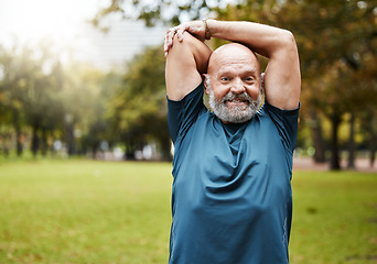 Image showing Elderly man, fitness and stretching arms for workout, exercise or training in the nature outdoors. Senior male in wellness for warm up arm stretch at the park for healthy exercising or sports outside