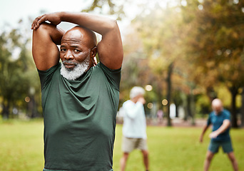 Image showing Stretching, exercise and senior man in park enjoying being active in summer, nature and retirement. Fitness, wellbeing and portrait of black man start sports, training and workout for health wellness