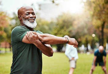 Image showing Portrait, stretching and active seniors at a park for training, exercise and cardio wellness. Fitness, arm stretch and friends with senior men relax before workout, happy and together for activity