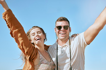 Image showing Happy, couple and travel portrait of a road trip, holiday and vacation freedom with a smile. Happy couple on summer adventure outdoor with love hug and care in nature together with happiness and sky