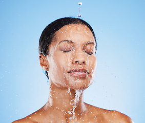 Image showing Shower, water and woman cleaning face, body or washing for daily bathroom routine, self care grooming or body care. Skincare, healthcare and facial hygiene model bathing for beauty wellness treatment