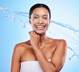 Image showing Shower, water and black woman with splash to clean, beauty and hygiene portrait with wellness and skincare against studio background. Healthy skin, fresh and hydration, moisture and wet water splash.