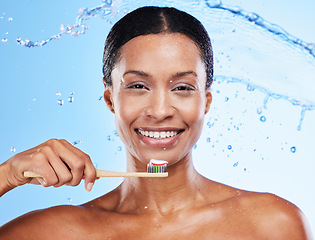 Image showing Toothbrush, hygiene and black woman portrait for dental wellness, teeth whitening and water splash. Smile, teeth and cleaning of a happy woman model face feeling healthy from mouth care and beauty