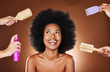 Image showing Black woman, afro and hair care tools for healthy and natural locks wellness. African girl model, luxury hairstyle healthcare and cosmtics shampoo treatment or grooming in brown studio background