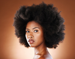 Image showing Beauty hair care, afro and portrait of black woman with clean healthy hair, facial skincare glow and makeup. Spa salon wellness, healthcare and face of aesthetic African model with radiant cosmetics