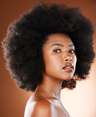 Image showing Natural hair, beauty and black woman in studio portrait with cosmetics and minimal makeup for dermatology wellness, salon and hairdresser. Young African afro model face, headshot and hair care growth