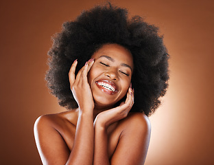Image showing Skincare, natural hair and black woman in studio for cosmetics, makeup and beauty for youth facial advertising, marketing or promotion. Happy african or afro model face for skin care and self love