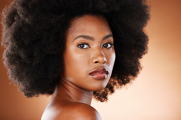 Image showing Beauty portrait of black woman with skincare, hair care and natural makeup for facial aesthetics, wellness and healthcare. Salon afro hair, cosmetics and face of model with glowing skin treatment