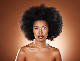 Image showing Black woman, face and afro for natural hair care wellness for beauty. African girl model, facial glow or skin healthcare, confident and proud portrait for healthy cosmetics dermatology in studio