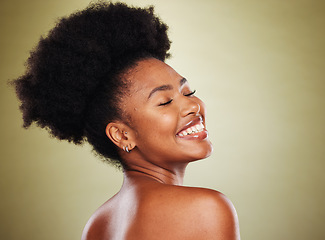 Image showing Face, skincare and back of black woman with eyes closed in studio on green background mockup. Aesthetics, makeup and wellness of happy female model from Nigeria with healthy skin and natural beauty.