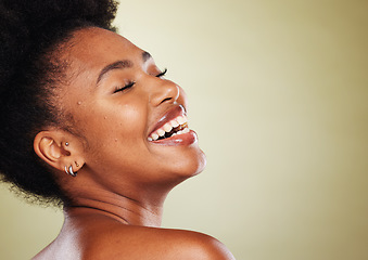 Image showing Beauty, skincare and black woman with a smile in a studio with a natural face routine with mockup space. Happy, cosmetics and African model with a facial treatment isolated by a green background.