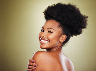 Image showing Face portrait, skincare and back of black woman in studio on green background mockup. Makeup, aesthetics and wellness of happy female model from Nigeria with healthy, glowing skin and natural beauty.