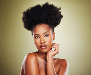 Image showing Black woman, skincare beauty or model with afro in studio for hair promotion, glow skin or self love. Portrait aesthetics, natural makeup or girl from New York for health cosmetics or facial wellness