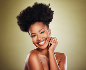 Image showing Beauty, skincare and smile of black woman with natural hair or afro on green studio background for health and wellness of skin and body. Portrait of model happy about cosmetic, makeup and dermatology