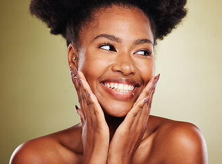 Image showing Face beauty, skincare and black woman in studio on a green background. Aesthetics, makeup and happy female model from Nigeria touching skin or thinking about cosmetics for health or facial wellness