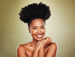 Image showing Black woman afro, beauty and smile for skincare cosmetics or makeup against a studio background. Portrait of African American female face smiling with teeth in satisfaction for facial skin treatment