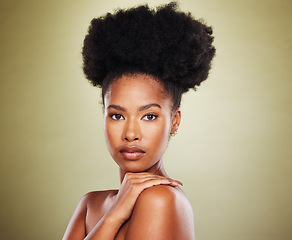 Image showing Beauty, skincare and black woman portrait with skin glow from dermatology and cosmetic wellness. Young woman model calm after natural body selfcare, face cleaning cosmetics and healthy facial