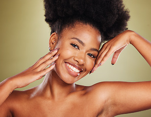 Image showing Skincare, beauty portrait or face of black woman satisfied with natural facial treatment, wellness routine or luxury cosmetics. Makeup, dermatology self care or aesthetic model with healthy skin glow