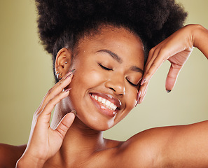 Image showing Smile, portrait or happy black woman in studio for skincare advertising, facial wellness or skin glow. Facial, natural makeup or girl with afro for cosmetics, health wellness or cheerful lifestyle