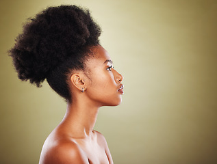 Image showing Black woman, hair and profile in studio for beauty, hair care and wellness with skin glow, shine and radiant. Natural african model, afro woman and cosmetic makeup on face by studio background