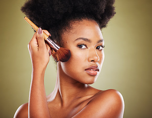 Image showing Makeup brush, black woman and beauty, cosmetics and cheek powder, foundation and product for glow, shine and face on studio background. Portrait of young african model, beauty and facial application