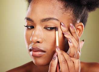 Image showing Beauty, makeup and black woman with eyeshadow brush for eyes on studio background. Glamour, cosmetics and skincare, portrait of beautiful African woman model with luxury cosmetic application on face.