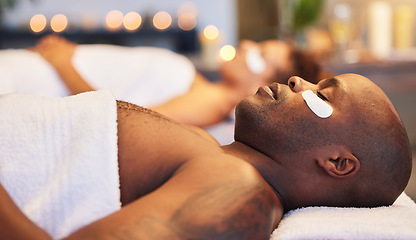 Image showing Black man, beauty facial and spa for couple wellness therapy at luxury resort for zen healing, skincare relax detox and stress release treatment. Organic, cosmetics healthcare and a natural skin glow