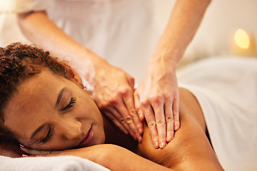 Image showing Spa, back massage and senior woman at wellness, healing and luxury resort for health therapy. Calm, zen and elderly woman from Colombia doing body care, self care and relaxing session with therapist.